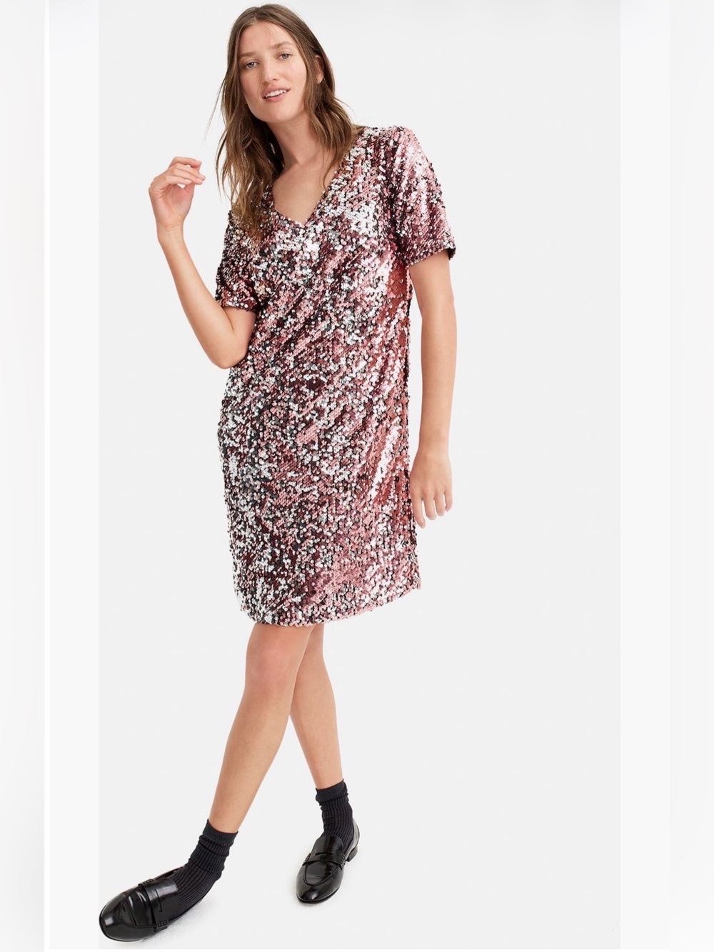 Universal Standard for J.Crew Sequin V-Neck T-Shirt Dress Pink Silver Size XL